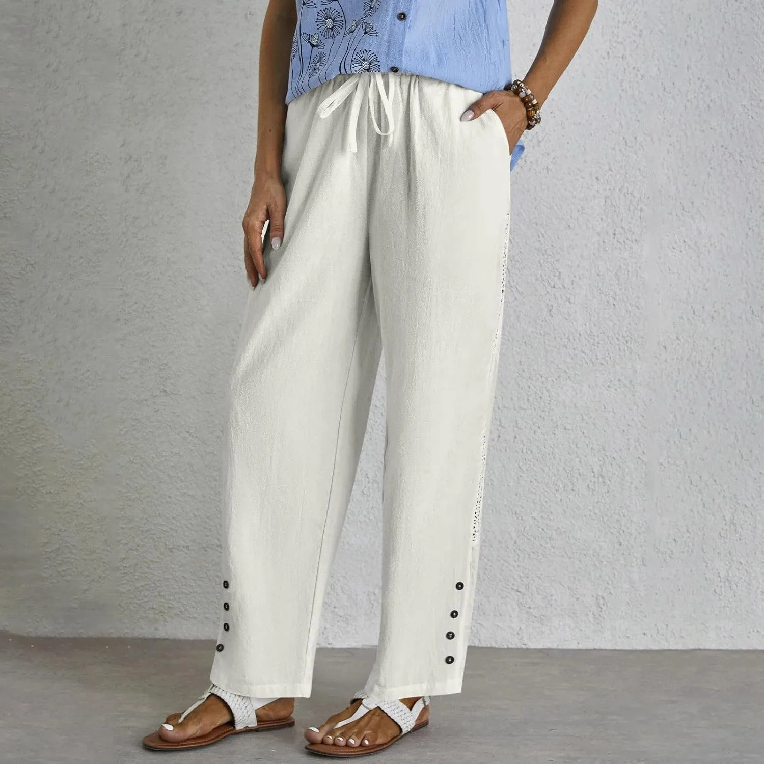 HOTYD Womens Hollow Out High Waist Linen Pants Drawstring Elastic Waist Summer Casual Pants Loose Fit Trousers with Pockets