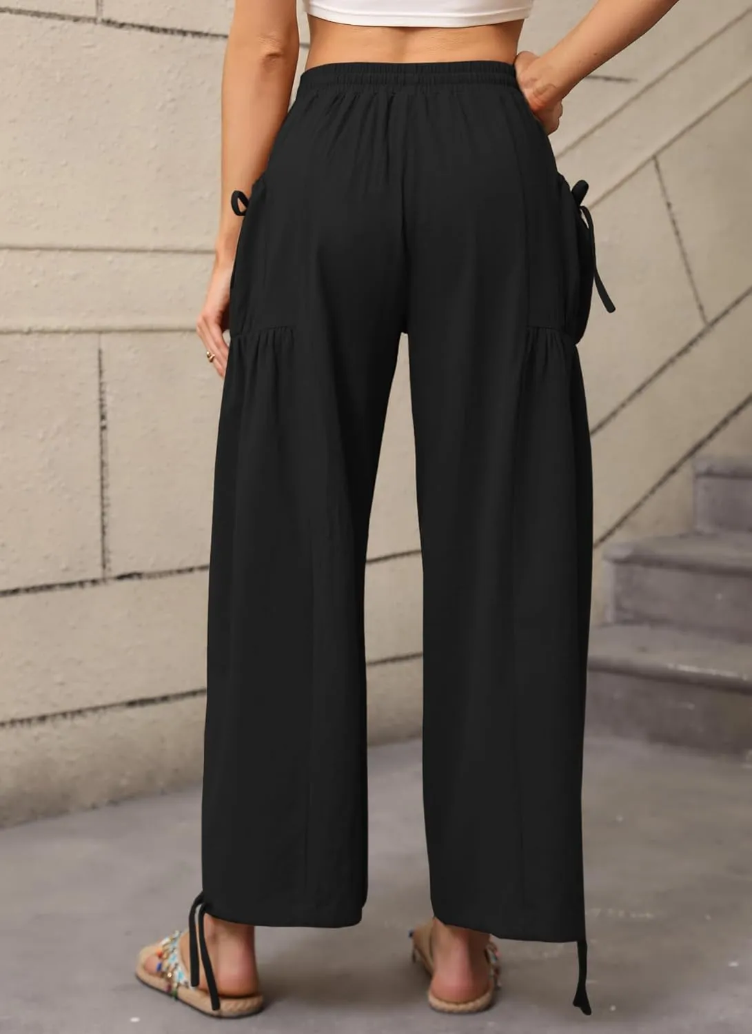 HVT Women's Boho Pants Casual Loose Summer Wide Leg Drawstring High Waist Palazzo Trousers Beach Pants with Pockets