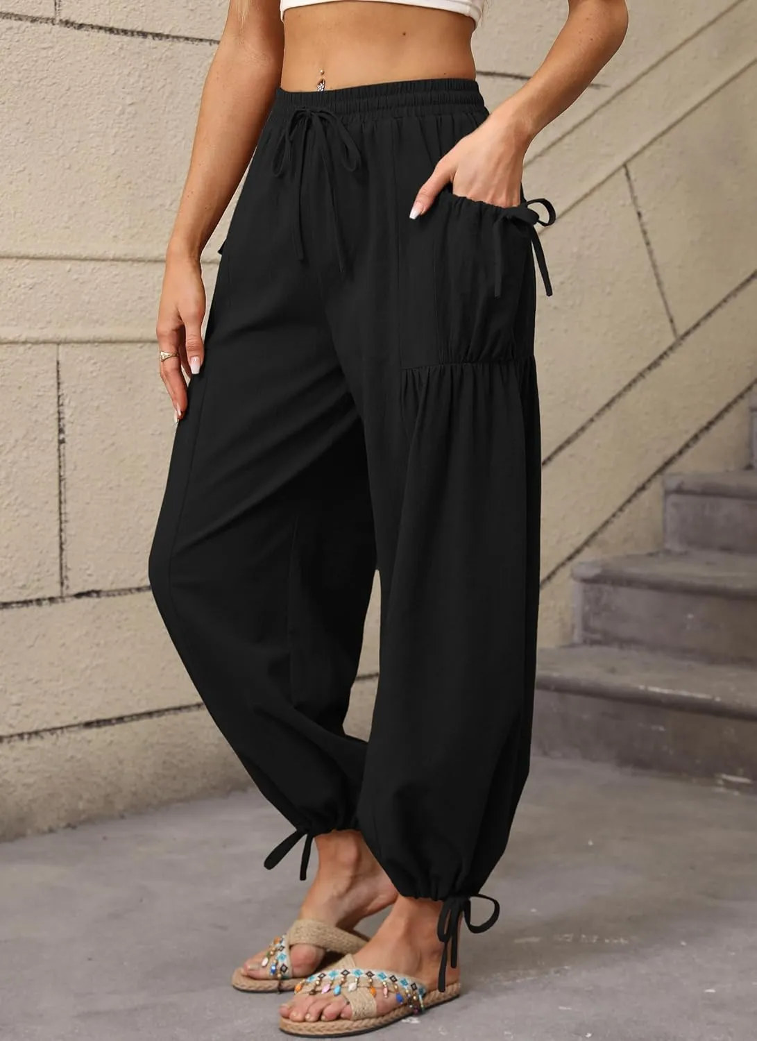 HVT Women's Boho Pants Casual Loose Summer Wide Leg Drawstring High Waist Palazzo Trousers Beach Pants with Pockets