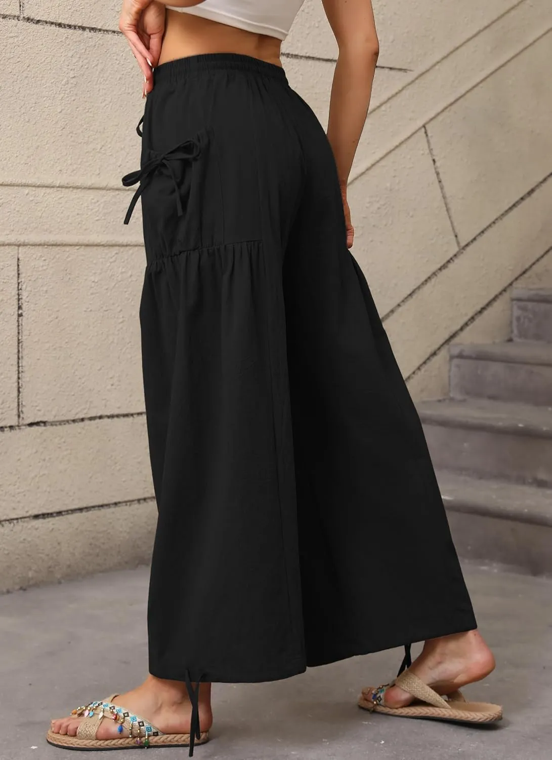 HVT Women's Boho Pants Casual Loose Summer Wide Leg Drawstring High Waist Palazzo Trousers Beach Pants with Pockets