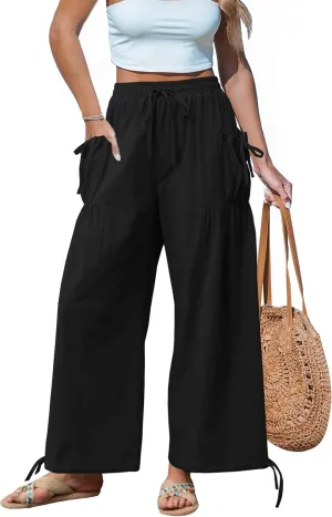 HVT Women's Boho Pants Casual Loose Summer Wide Leg Drawstring High Waist Palazzo Trousers Beach Pants with Pockets
