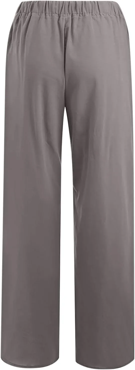 Hvyesh Women Cotton Linen Pants Summer Wide Leg Casual Loose Drawstring High Waist Palazzo Pants Trousers with Pockets