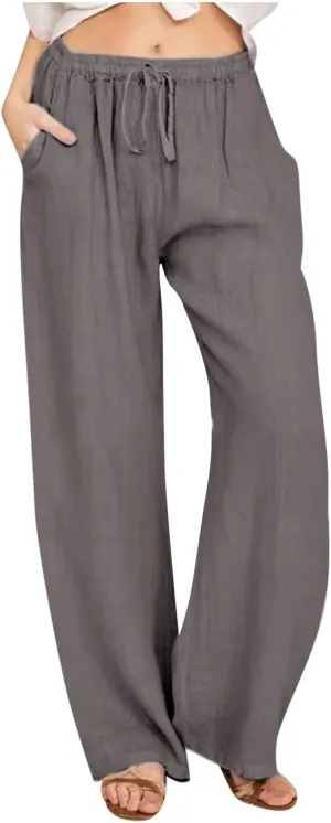 Hvyesh Women Cotton Linen Pants Summer Wide Leg Casual Loose Drawstring High Waist Palazzo Pants Trousers with Pockets