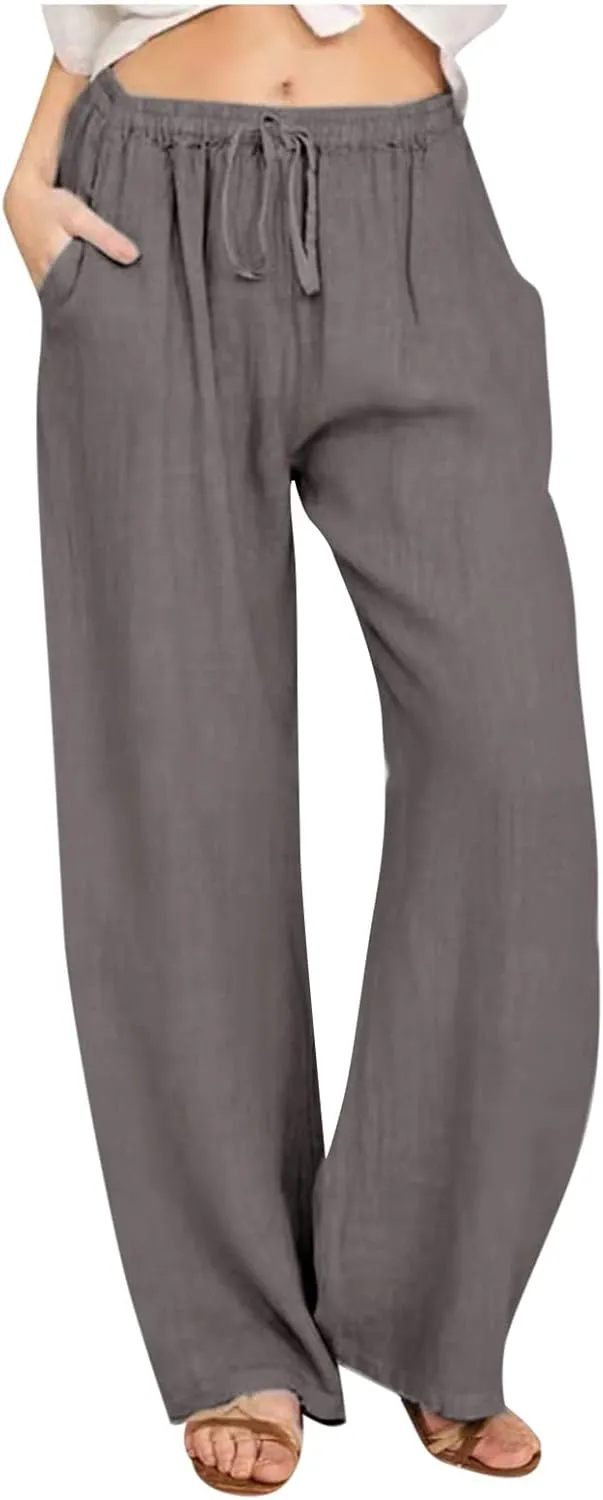 Hvyesh Women Cotton Linen Pants Summer Wide Leg Casual Loose Drawstring High Waist Palazzo Pants Trousers with Pockets