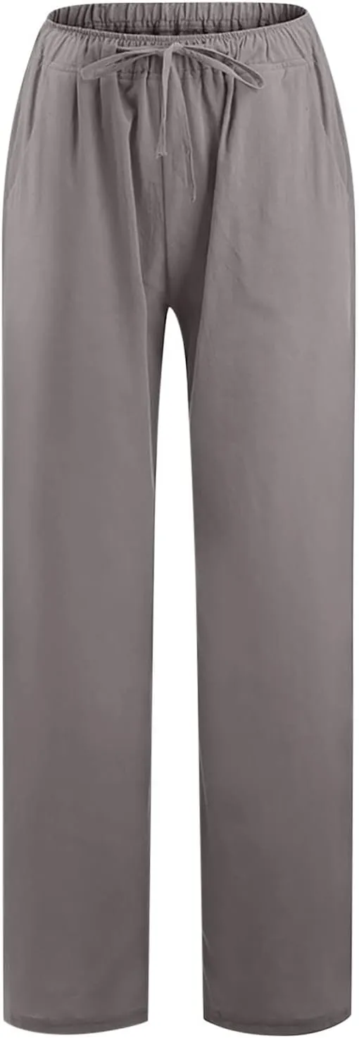 Hvyesh Women Cotton Linen Pants Summer Wide Leg Casual Loose Drawstring High Waist Palazzo Pants Trousers with Pockets