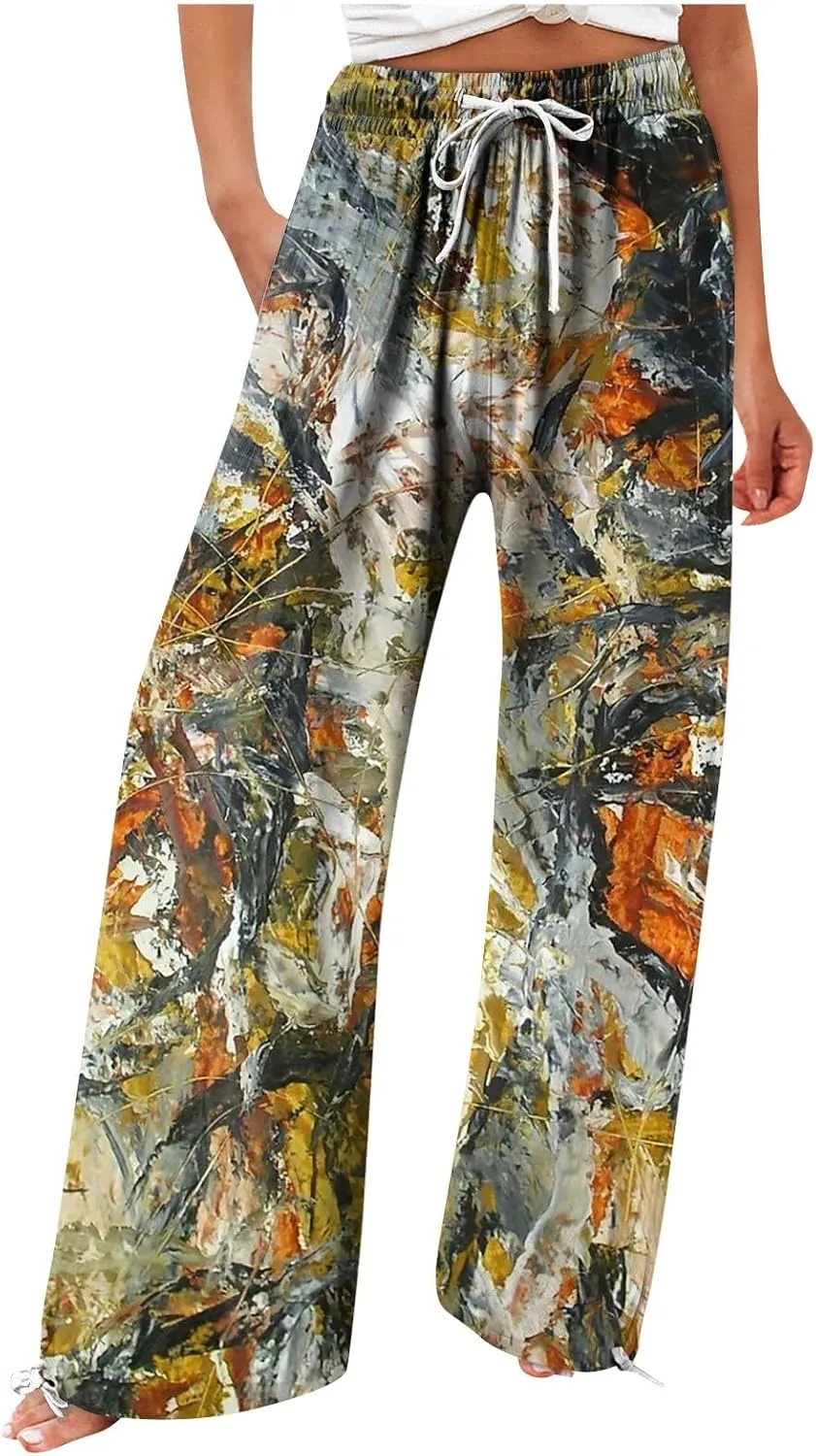 HXHYQKP Women Cotton Linen Palazzo Pants Summer Wide Leg High Waist Lounge Flowy Adjustable Pant Trousers with Pockets 2024