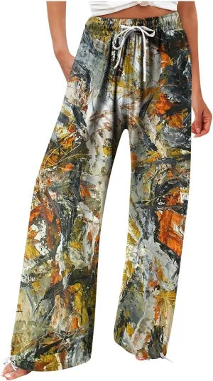 HXHYQKP Women Cotton Linen Palazzo Pants Summer Wide Leg High Waist Lounge Flowy Adjustable Pant Trousers with Pockets 2024