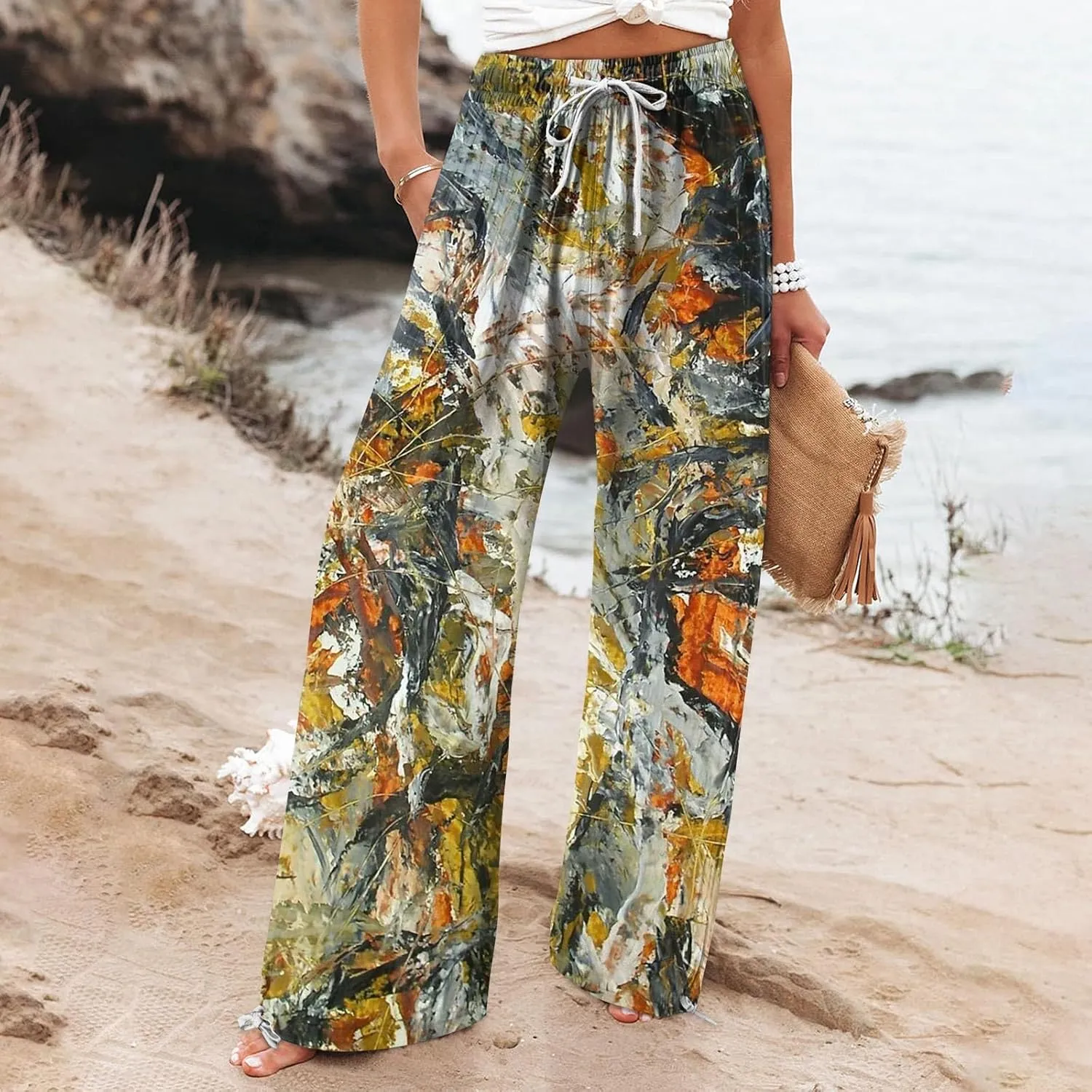 HXHYQKP Women Cotton Linen Palazzo Pants Summer Wide Leg High Waist Lounge Flowy Adjustable Pant Trousers with Pockets 2024
