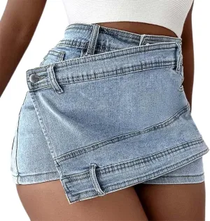 Irregular Denim Skort for Women High Waisted Designed Jean Skirt Summer Casual Trendy Booty Distressed Jean Shorts