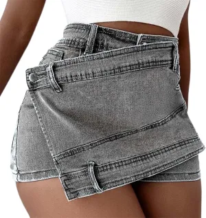 Irregular Denim Skort for Women High Waisted Designed Jean Skirt Summer Casual Trendy Booty Distressed Jean Shorts