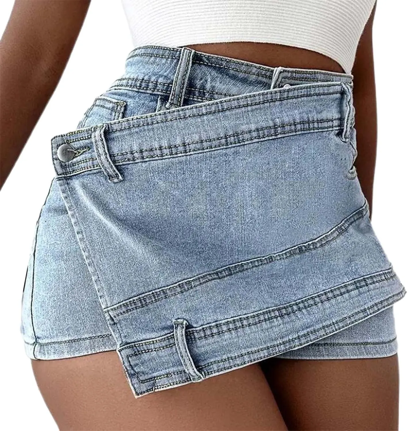 Irregular Denim Skort for Women High Waisted Designed Jean Skirt Summer Casual Trendy Booty Distressed Jean Shorts