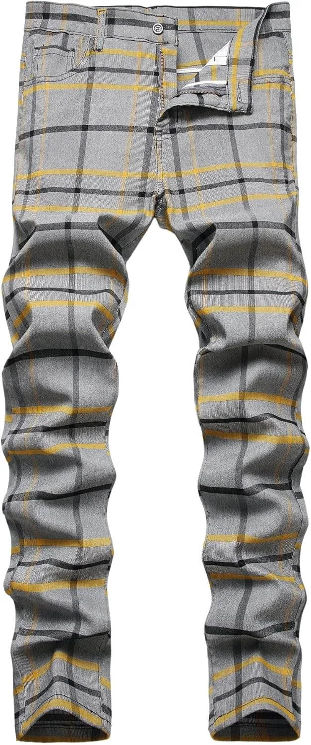 JE&NS Men's Stretch Slim Fit Flat-Front Casual Skinny Chinos Plaid Dress Pants