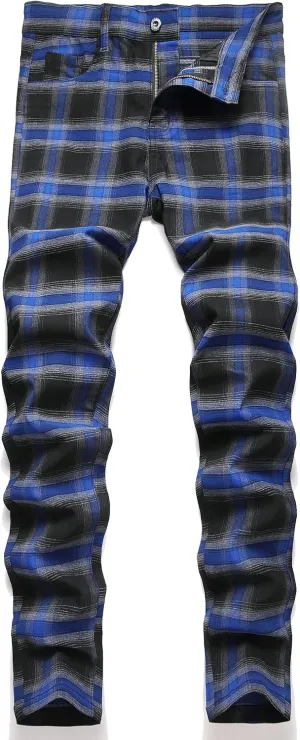 JE&NS Men's Stretch Slim Fit Flat-Front Casual Skinny Chinos Plaid Dress Pants