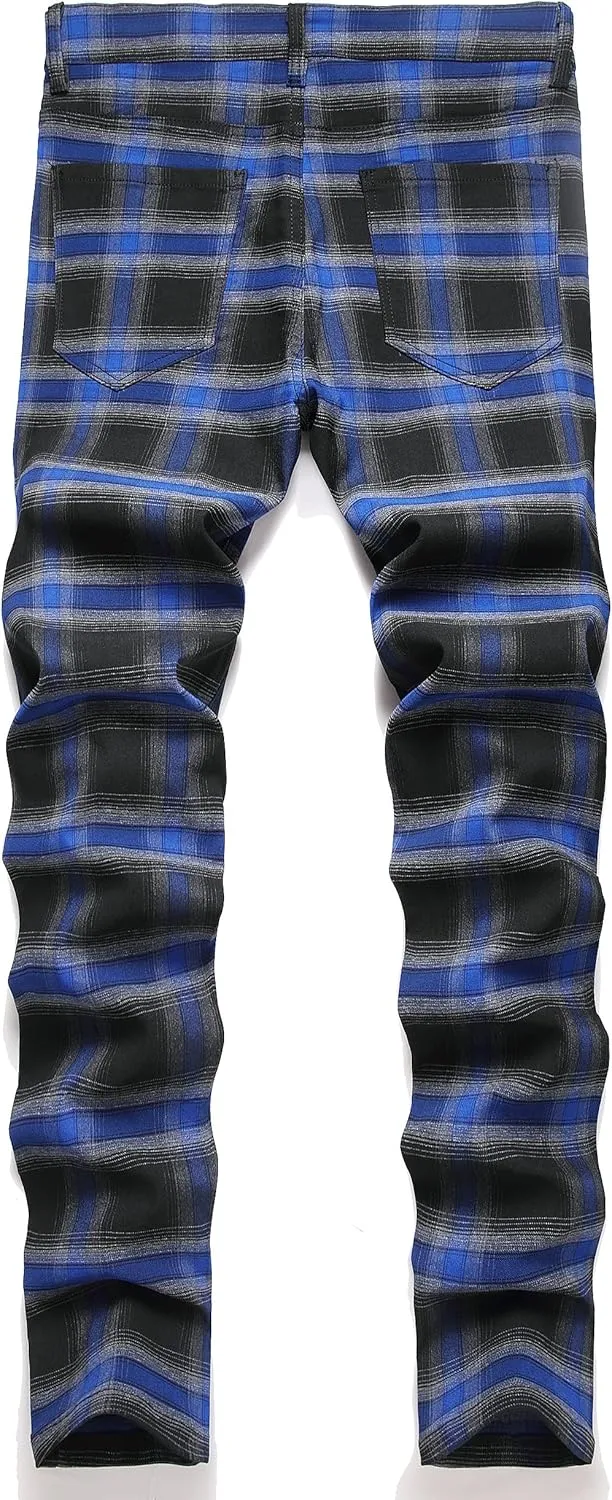 JE&NS Men's Stretch Slim Fit Flat-Front Casual Skinny Chinos Plaid Dress Pants