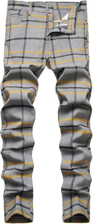 JE&NS Men's Stretch Slim Fit Flat-Front Casual Skinny Chinos Plaid Dress Pants