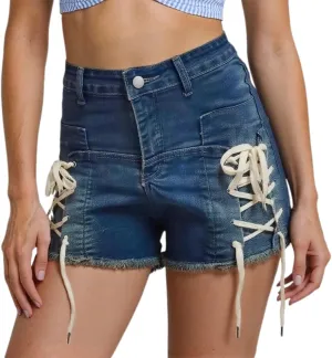 Jean Shorts for Women Summer Side Bandage High Waisted Stretchy Denim Short Vintage Slim-Fitted Frayed Raw Hem Jorts