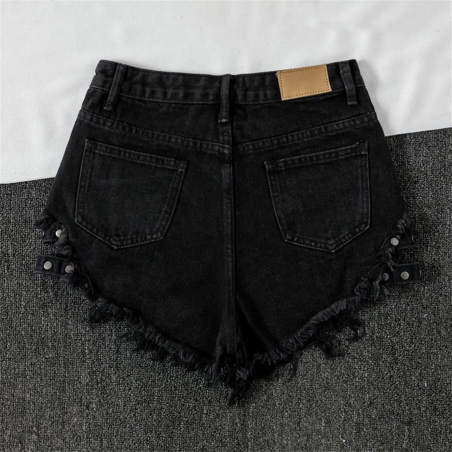 Jean Shorts Womens Fashion Cut Off Tassel Rivet Ripped High Waisted Short Jeans Punk Sexy Denim Jorts with Pockets