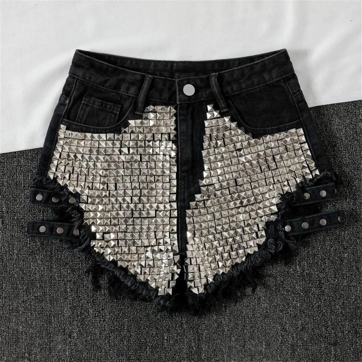 Jean Shorts Womens Fashion Cut Off Tassel Rivet Ripped High Waisted Short Jeans Punk Sexy Denim Jorts with Pockets