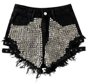 Jean Shorts Womens Fashion Cut Off Tassel Rivet Ripped High Waisted Short Jeans Punk Sexy Denim Jorts with Pockets