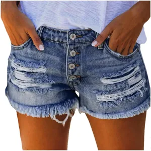 Jean Shorts Womens High Waisted Ripped Denim Shorts Summer Button Fly Frayed Raw Hem 5 Inch Denim Jorts with Pockets