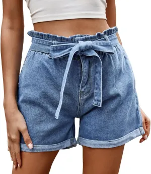Jean Shorts Womens Trendy Elastic High Waisted Bow Tie Denim Shorts Baggy 5 Inch Inseam Pull On Jorts with Pockets