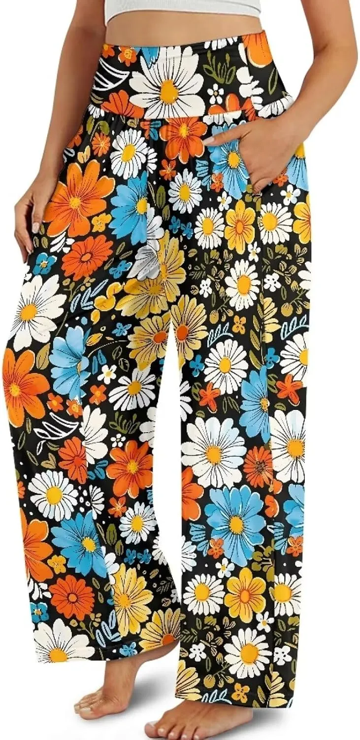 JEOCODY Women's Casual Wide Leg Pants Elastic Waist Loose Lounge Pants with Pockets Size S-3XL