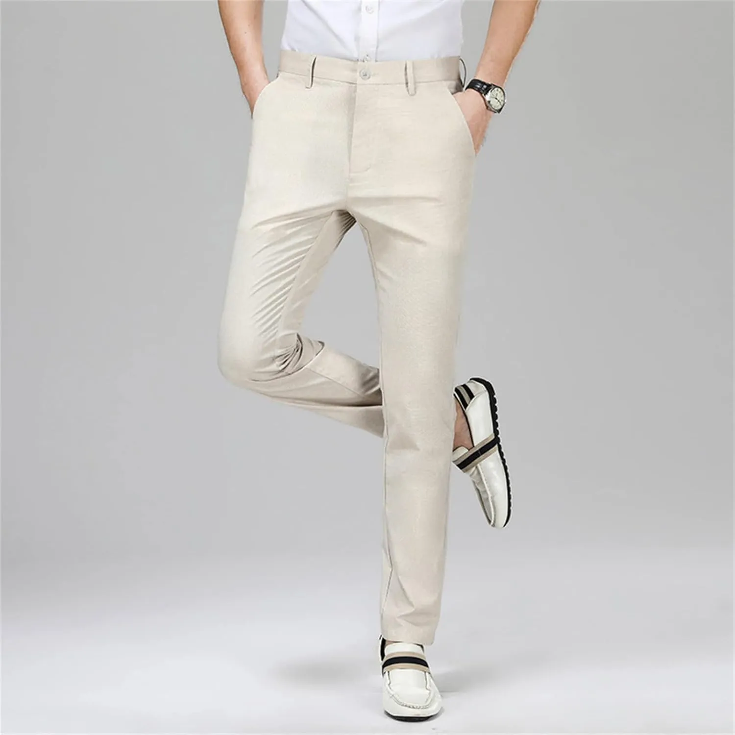 JEShifangjiusu Men's Classic Fit Flat Front Pant Stretch Solid Chino Deck Pant Dress Pants Casual Slim Fit Business Trousers