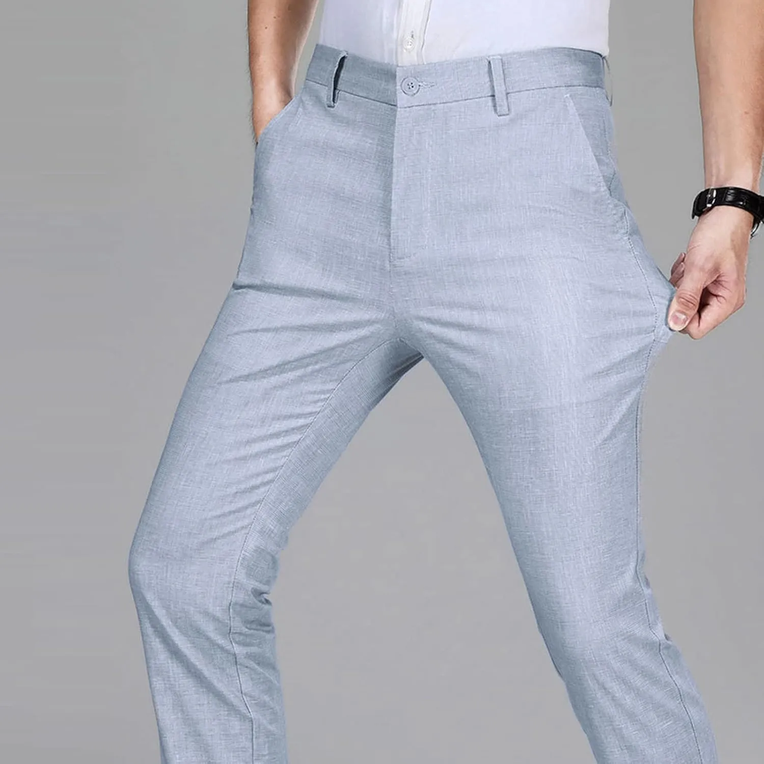 JEShifangjiusu Men's Classic Fit Flat Front Pant Stretch Solid Chino Deck Pant Dress Pants Casual Slim Fit Business Trousers