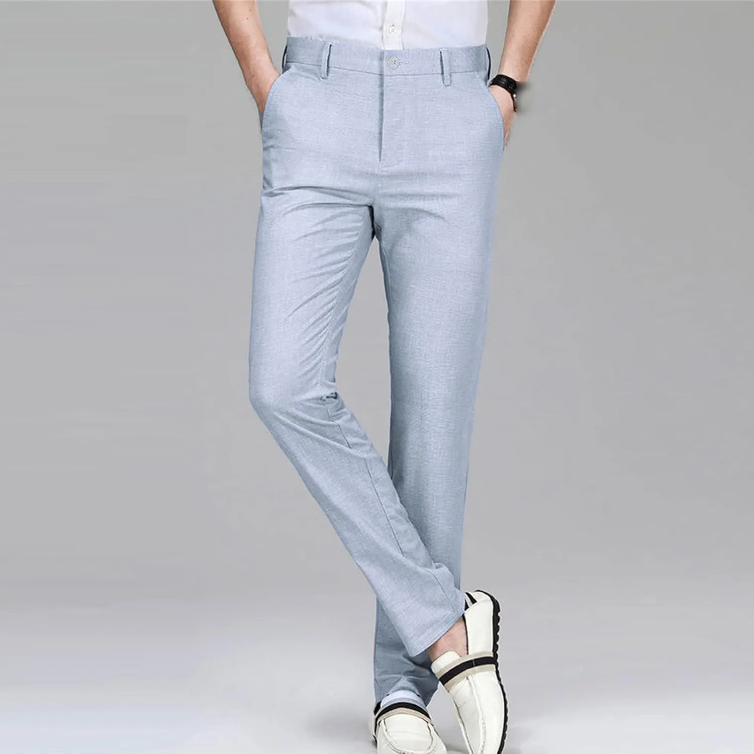 JEShifangjiusu Men's Classic Fit Flat Front Pant Stretch Solid Chino Deck Pant Dress Pants Casual Slim Fit Business Trousers