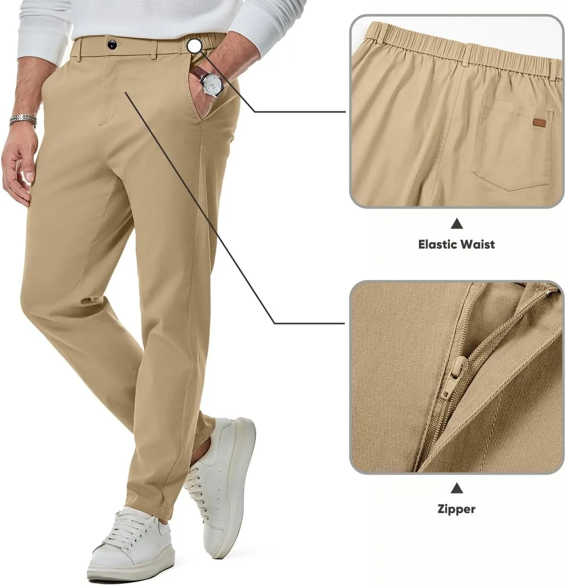JMIERR Men's Chino Pants Casual Stretch Waist Tapered Trousers with Pockets