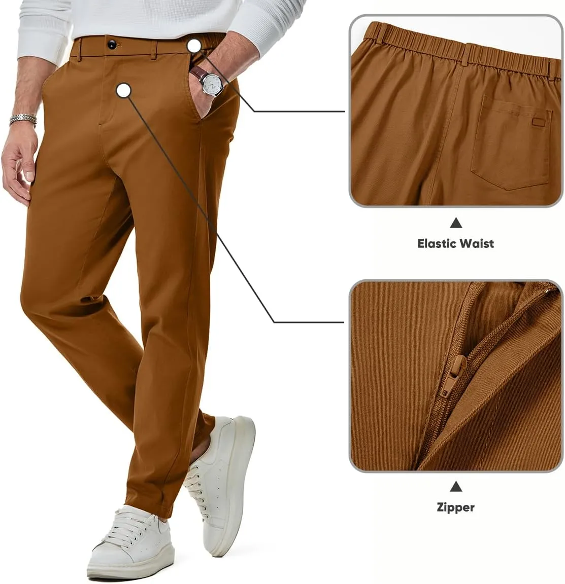 JMIERR Men's Chino Pants Casual Stretch Waist Tapered Trousers with Pockets