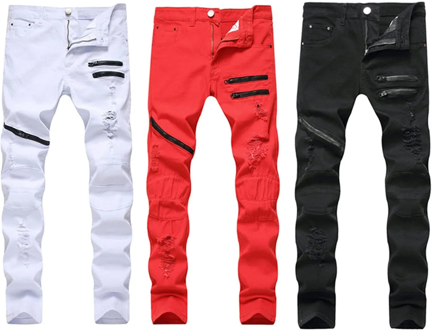 Kaxiya2021 Men's Ripped Straight Jeans Zipper Distressed Skinny Slim Fit Denim Pants Holes Hip Hop Fashion Jean Trousers