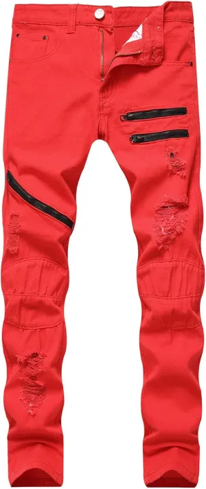 Kaxiya2021 Men's Ripped Straight Jeans Zipper Distressed Skinny Slim Fit Denim Pants Holes Hip Hop Fashion Jean Trousers