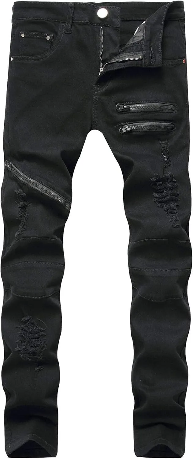 Kaxiya2021 Men's Ripped Straight Jeans Zipper Distressed Skinny Slim Fit Denim Pants Holes Hip Hop Fashion Jean Trousers