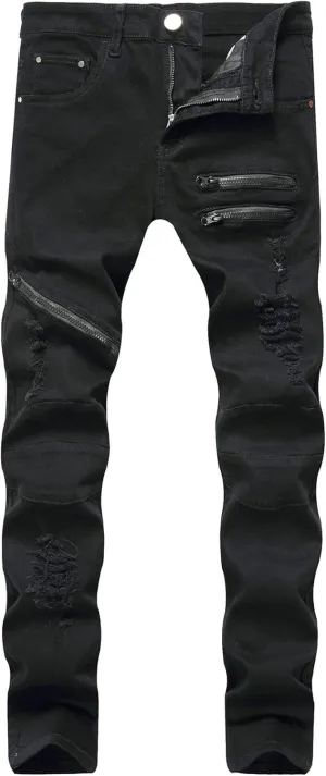 Kaxiya2021 Men's Ripped Straight Jeans Zipper Distressed Skinny Slim Fit Denim Pants Holes Hip Hop Fashion Jean Trousers
