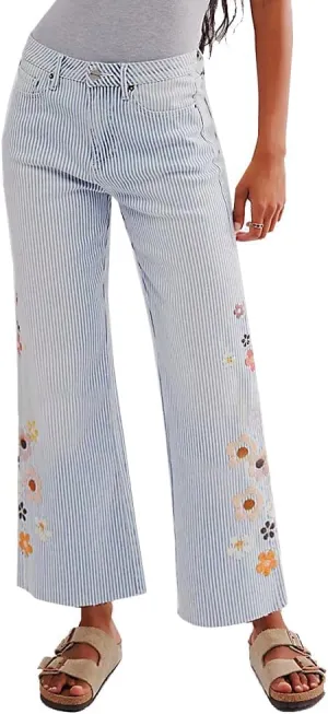 Kedera Women Embroidered Striped Pants Wide Leg Long Baggy Trousers 2025 High Waisted Loose Denim Jeans with Pocket