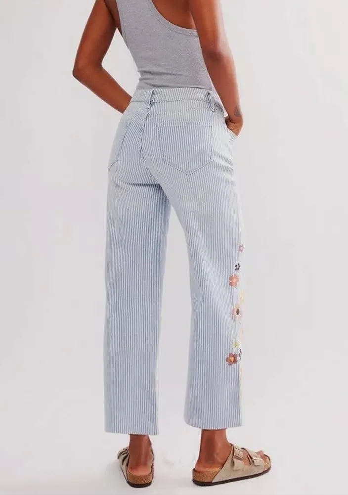 Kedera Women Embroidered Striped Pants Wide Leg Long Baggy Trousers 2025 High Waisted Loose Denim Jeans with Pocket