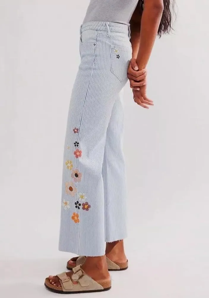 Kedera Women Embroidered Striped Pants Wide Leg Long Baggy Trousers 2025 High Waisted Loose Denim Jeans with Pocket