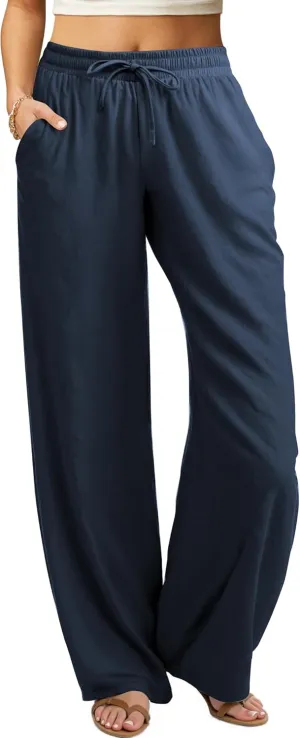 keriffe Women's Summer Casual Pants Loose Fit Beach Pants High Waist Drawstring Wide Straight Leg Palazzo Trousers Pockets