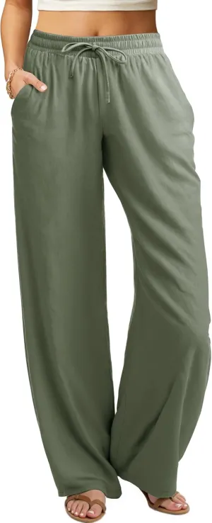 keriffe Women's Summer Casual Pants Loose Fit Beach Pants High Waist Drawstring Wide Straight Leg Palazzo Trousers Pockets