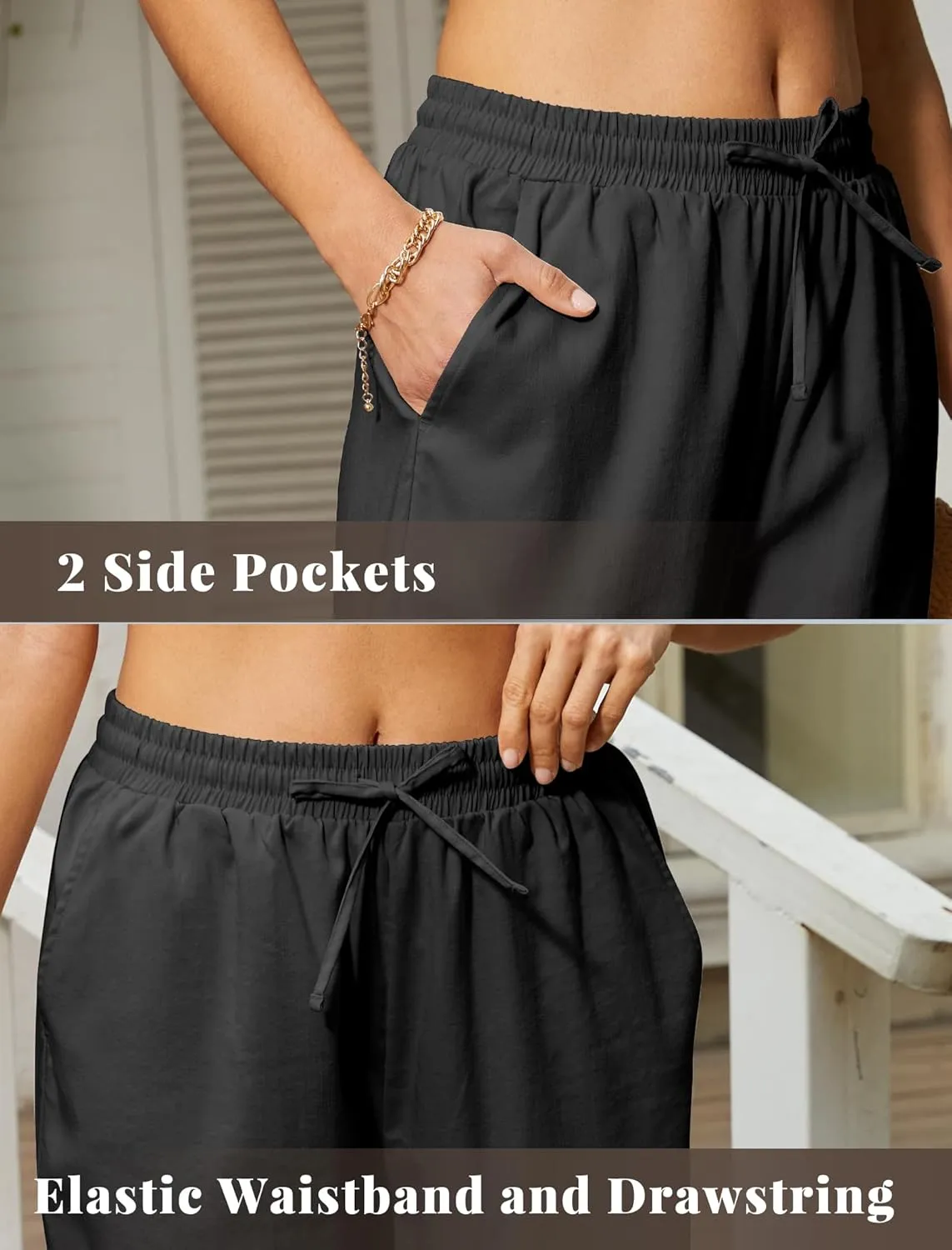 keriffe Women's Summer Casual Pants Loose Fit Beach Pants High Waist Drawstring Wide Straight Leg Palazzo Trousers Pockets