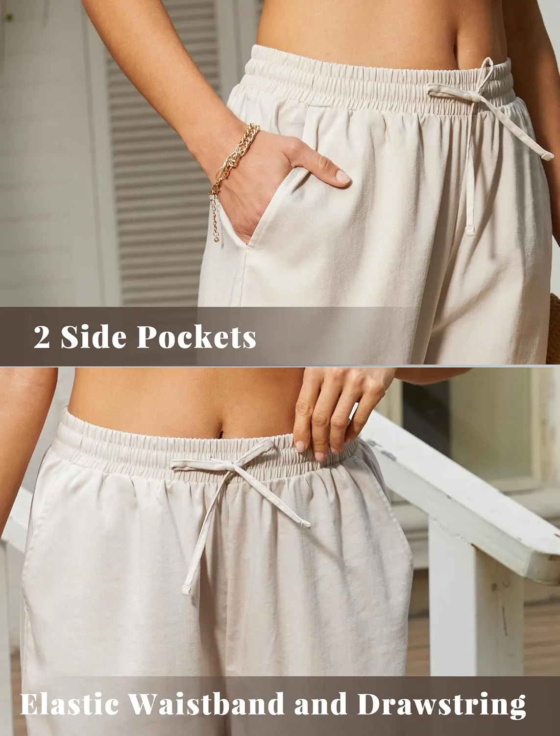 keriffe Women's Summer Casual Pants Loose Fit Beach Pants High Waist Drawstring Wide Straight Leg Palazzo Trousers Pockets