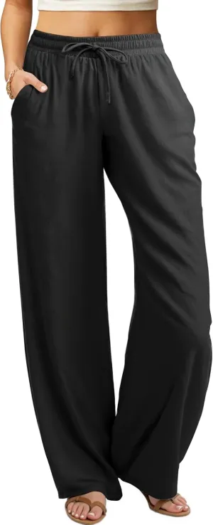 keriffe Women's Summer Casual Pants Loose Fit Beach Pants High Waist Drawstring Wide Straight Leg Palazzo Trousers Pockets