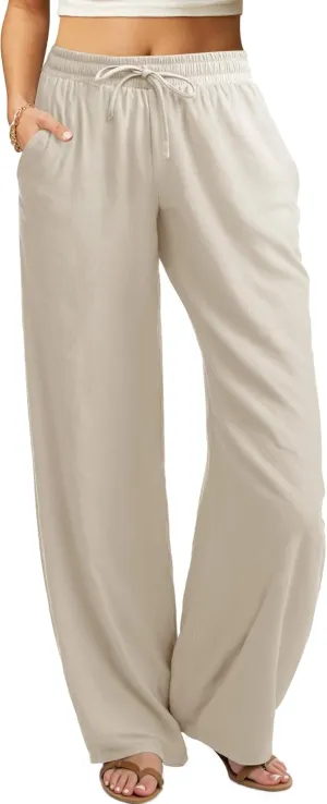 keriffe Women's Summer Casual Pants Loose Fit Beach Pants High Waist Drawstring Wide Straight Leg Palazzo Trousers Pockets