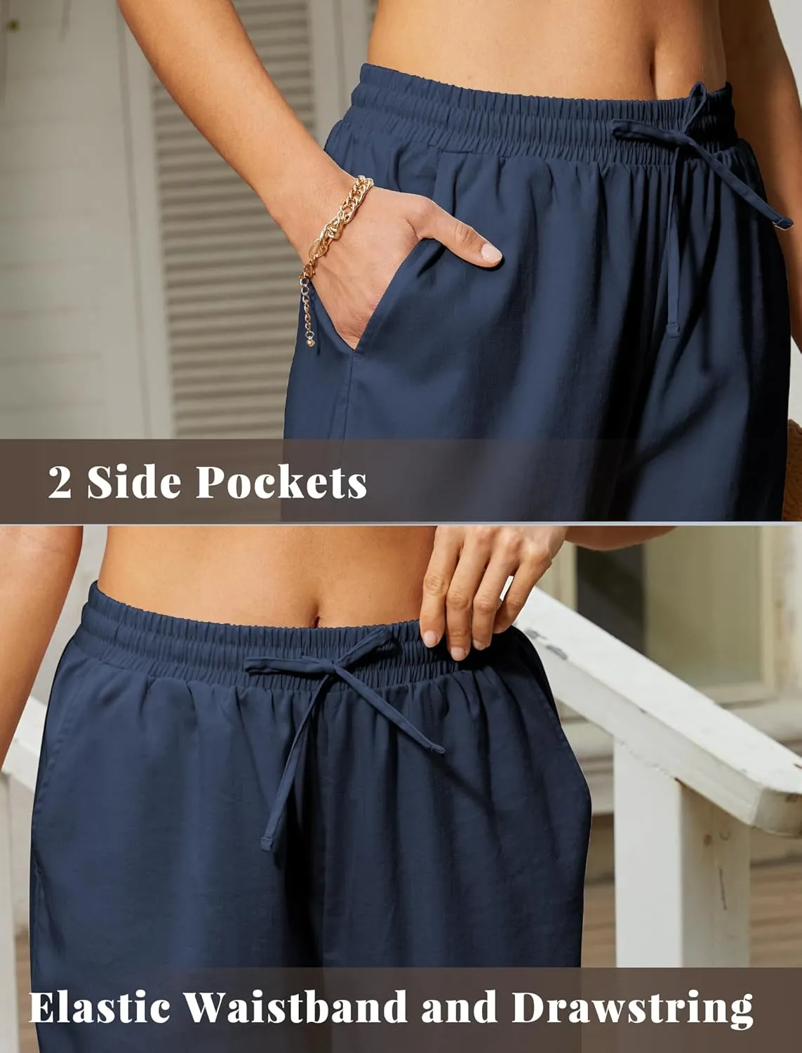 keriffe Women's Summer Casual Pants Loose Fit Beach Pants High Waist Drawstring Wide Straight Leg Palazzo Trousers Pockets