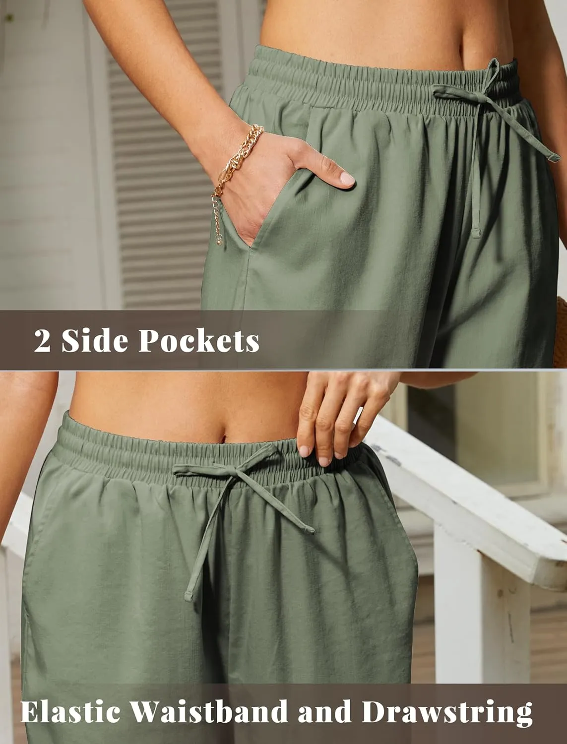 keriffe Women's Summer Casual Pants Loose Fit Beach Pants High Waist Drawstring Wide Straight Leg Palazzo Trousers Pockets