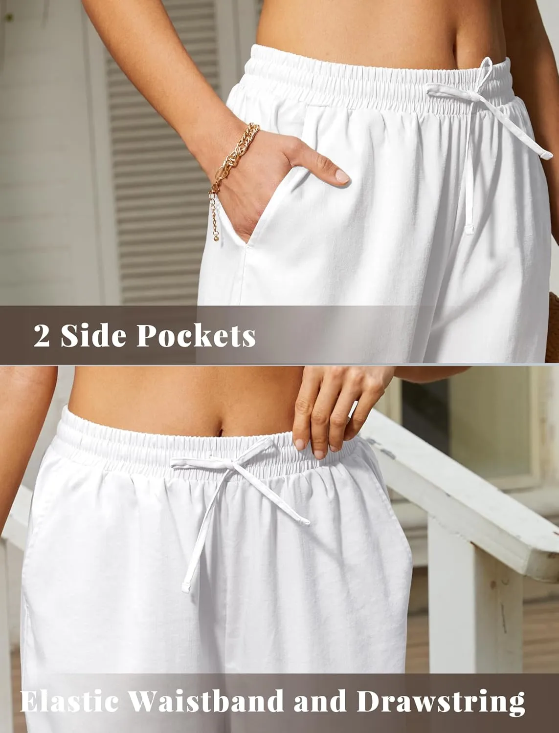 keriffe Women's Summer Casual Pants Loose Fit Beach Pants High Waist Drawstring Wide Straight Leg Palazzo Trousers Pockets