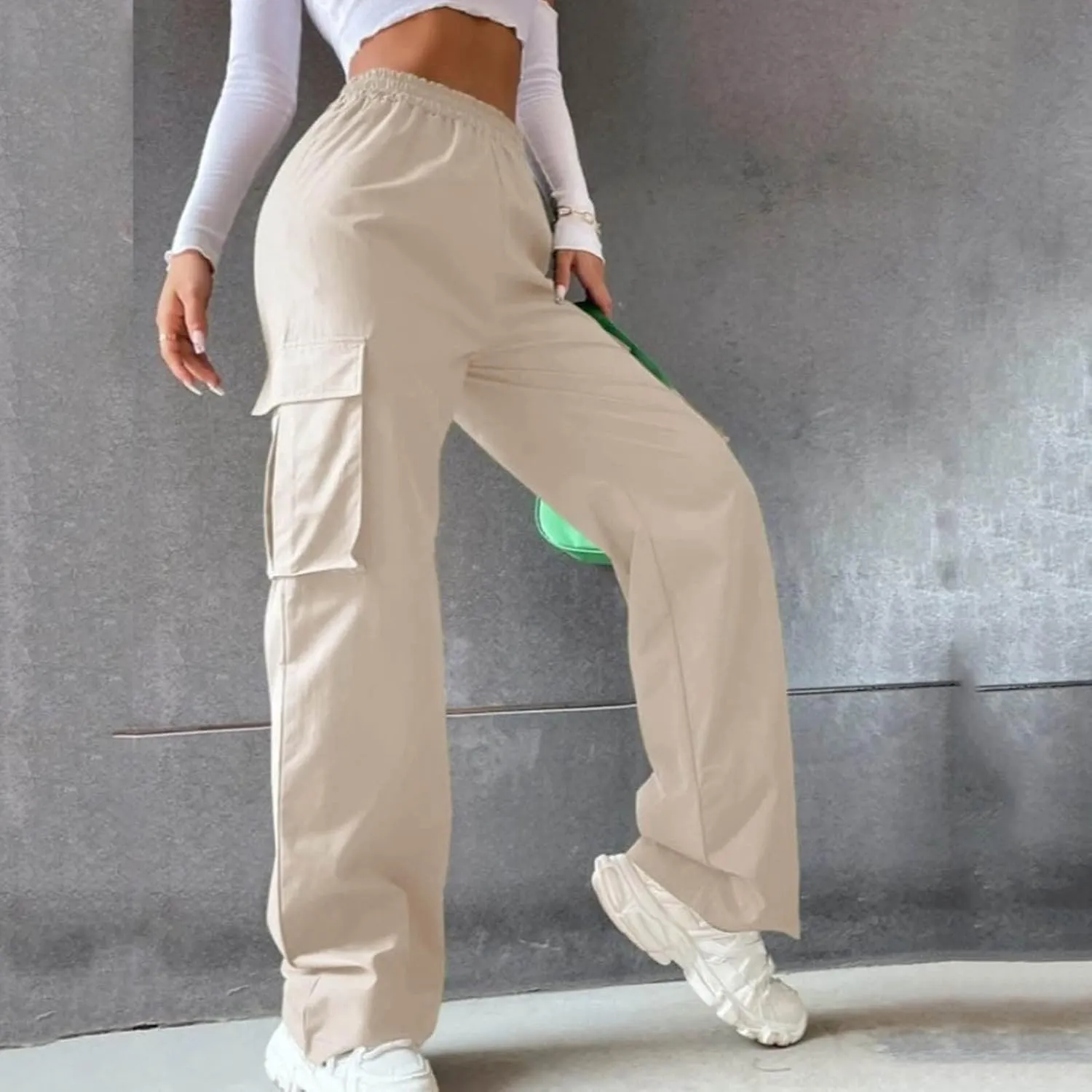Ladies' Relaxed Trousers,Women's Belt-Free Wide Leg Pants High Waist Straight Cut Office Casual Trousers