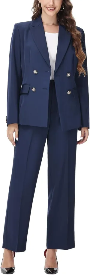 Lamgool Women's 2 Piece Set Double Breasted Blazer and Pants Suit Business Outfits for Work Office