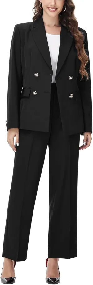 Lamgool Women's 2 Piece Set Double Breasted Blazer and Pants Suit Business Outfits for Work Office